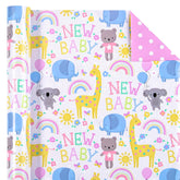 Reversible Baby Shower Wrapping Paper Roll - Mini Roll - 17 Inch X 10 Feet - Cute Animals & New Baby Lettering Design Perfect For Baby Shower, Birthday, Party