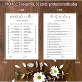 Minimalism Bridal Shower Game Cards - Would She Rather & Twenty Questions About The Bride For 50 Guests