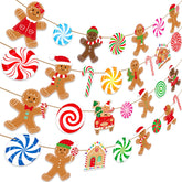 Gingerbread Peppermint Candy Banner Holiday Party Decoration 4Pcs Colorful Xmas Lollipop Gingerbread House Cutout Banners Pre-Strung Merry Christmas Party Decorations For Xmas Festive Home Wall Decor