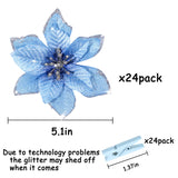 24 Pcs Blue Poinsettia Artificial Christmas Flowers With 24 Pack Clips, Glitter Christmas Tree Ornaments Xmas Wedding Party Decor (13 X 13 Cm)
