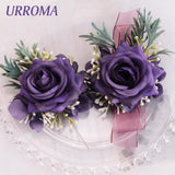 Wrist Corsage And Boutonniere Set, Artificial Purple Rose Hand Flower For Prom Wedding Wrist Corsage Wrist Flower For Graduation Party