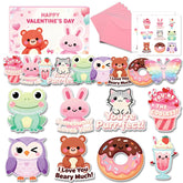 36 Pack Valentines Day Cards For Kids School – Adorable Die-Cut Animal & Food Classroom Valentines With Pink Envelopes & Stickers, 9 Cute Designs For Boys, Girls & Teachers