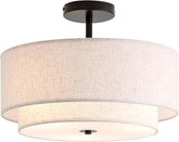 16 Inch Double Drum Ceiling Light 3 Light Semi Flush Mount Fabric Shade Fixture
