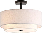 16 Inch Double Drum Ceiling Light 3 Light Semi Flush Mount Fabric Shade Fixture