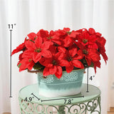 Artificial Poinsettia Christmas Centerpiece, Red Faux Flowers Arrangement In Green Metal Planter With Floral Patterns & Jute Rope Handles, Tabletop Xmas Decoration For Home Décor Gifts