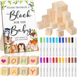 75 Pcs Baby Shower Games Sign Kit Including Decorate A Block Game Sign 50 Diy Wooden Block 24 Acrylic Paint Pens Prize For Baby Shower Gender Reveal Party(Woodland)