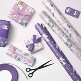 Unicorn Birthday Wrapping Paper Roll For Kids Girls Women, Purple Unicorn Wrapping Paper Rolls, Castle & Rainbow Gift Wrap For Birthday, Baby Shower Party Favor, 17 X 120 Inches, 3 Rolls