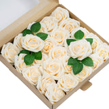 50Pcs Artificial Roses Flower Real Looking Foam Rose Fake Flowers With Stem & Leaves For Diy Wedding Bouquets Centerpieces Party Home Decorations (Cream)