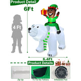 Christmas Inflatable Decorations Outdoor - 6 Ft Ht X 6.4 Ft L Christmas Black Santa Elf Riding The Polar Bear Built-In L