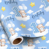 1St Birthday Wrapping Paper Roll For Toddler Boy, Mini Roll, Blue Bear Clouds Balloons And Number 1 Gift Wrap Paper For First Birthday, Baby Shower Celebration, 17 Inches X 16.4 Feet