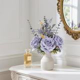 Artificial Flowers In Vase, Silk Roses Flowers Artificial Eucalyptus Lavenders Small Daisies And Fake Plants In White Ceramic Vase, Rustic Farmhouse Floral Arrangements Décor, Plants For Living Room