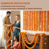 SATVIK Set of 6 - (5 Feet/60 Inches Each) - Artificial Marigold Flower Garland – Reusable Faux Orange Floral Decoration for Home, Outdoor Events, Wall Décor, Wedding, Festival Backdrop
