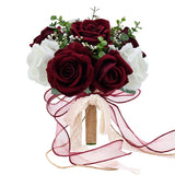 9In Wedding Bouquets For Bride Bridesmaid, Burgundy & White Artificial Roses Flowers Bouquet For Rustic Church Boho Wedding Or Centerpieces Decoration
