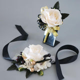 Ivory Rose Rose&Black Wrist Corsage And Boutonniere Set For Ivory Rose Wedding Flower Accessories Prom Suits (3Pairs Ivory Rose Set)
