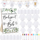 43 Pcs Baby Shower Games White Bodysuit Decorating Kit Bibs Design Games Prizes, Include Wooden Game Sign With 15 Blank White Bibs 15 Bodysuit 12 Marker For Shower