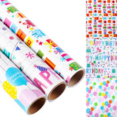 Birthday Wrapping Paper, 3 Mini Rolls, 17 Inch X 9.8 Feet, Decorative Happy Gift, Presents And Balloons Design Wrapping Paper For Birthday, Gift Packaging, Holiday, Party, Baby Shower