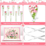 Pink Rose Crochet Flowers, 8 Pcs Fake Rose Artificial Flower Handmade Knitted Rose Bouquet With 9 Pcs Bouquet Sleeves And A Rose Greeting Card For Mothers Day/Birthday/Anniversary Home Decor