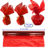 Cellophane Wrap Roll Red | 100’ Ft. Long X 16” In. Wide | 2.3 Mil Thick Transparent Red | Gifts, Baskets, Treats, Cellophane Wrapping Paper | Colorful Cello Christmas, Holiday Color