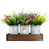 Decorative Centerpiece Wooden Tray With 3 Metal Potted Artificial Babys Breath Gypsophila Plant Flowers Rustic Country Farmhouse Décor For Dining Room, Living Room And Kitchen Table