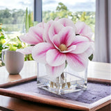 Enova Floral Artificial Real Touch Magnolia Faux Flowers Arrangement in Cube Glass Vase with Faux Water for Home Office Wedding (Pink)