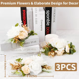 3Pcs Cake Flowers Toppers - White & Champgne Artificial Roses Flower Arrangements, Cake Decorations For Wedding Birthday Baptism Christmas Party