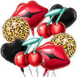 8Pcs Black And Red Balloons - Red Lip Balloons Cherry Balloons Cheetah Print Pattern Balloon And Black Heart Balloon For Women Birthday Party - Kiss The Miss Goodbye - Valentines Day Decorations