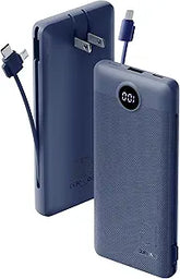 10000mAh USB C Power Bank with Built In Cables AC Wall Plug Portable Charger Navy