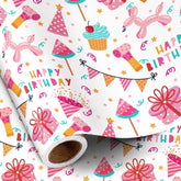 Birthday Wrapping Paper Roll For Girls, Mini Roll, Pink Balloon Dog, Gift Box And Party Hat Design Gift Wrap With Happy Birthday Text For Kids' Party Celebrations, 17 Inches X 16.4 Feet