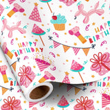 Birthday Wrapping Paper Roll For Girls, Mini Roll, Pink Balloon Dog, Gift Box And Party Hat Design Gift Wrap With Happy Birthday Text For Kids' Party Celebrations, 17 Inches X 16.4 Feet
