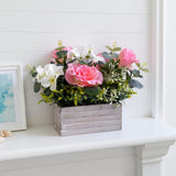 Artificial Flowers Arrangement Pink Roses & Hydrangeas In Wooden Box, Realistic Floral Centerpiece For Home Table Wedding Decoration
