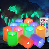 12Pcs Colored Flameless Flickering Remote Control Led Votive Tea Light Timer Candles/Color Changing Battery Operated Led Tealight Fake Candle For Outdoor Halloween Pumpkin Light Christmas Decorations