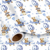 Baby Bear Wrapping Paper Roll, Blue Teddy Bear In Hot Air Balloon Design For Baby Boy Birthday, Baby Shower, Mini Roll, 17 Inches X 9.8 Feet