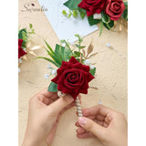 Red Rose Corsage And Boutonniere Set, Boutonniere For Men And Wrist Corsage Wristlet Prom Homecoming Wedding Flowers Accessories Party Suit Decorations (Red)