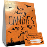 Halloween Party Game - Guess How Many Candies Are In The Jar Party Activity (1 Sign & 30 Guessing Cards)