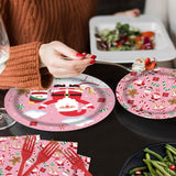 Christmas Gingerbread Man Santa Claus Pink Tableware Set 96 Pcs Disposable Plates Napkins Forks Candy Cane Snowman Pattern Santa Merry Christmas Party Decorations Serve 24 Guests