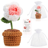 3.9 Inch Mother'S Day Crochet Flowers Bouquet Handmade Artificial Knitting Potted Rose Sheer Organza Bag Birthday Card For Decoration Mom Gifts