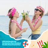 4Pcs Pink Hawaiian Leis With Green Leaves, Leis For Luau Party, Hula Dance Party, Set Of Pink Flower Leis, Photo Prop, Parties, Weddings And Events In Outdoors