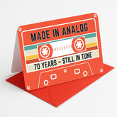70Th Birthday Gift – Retro Cassette Tape Design – Made In Analog, Still In Tune – 70 Year Old Greeting Card For Him Or Her – 4.5X7Inch With Red Envelope, Sticker