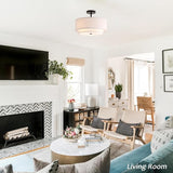 16 Inch Double Drum Ceiling Light 3 Light Semi Flush Mount Fabric Shade Fixture
