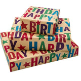 Reversible Birthday Wrapping Paper, Kraft Wrap Paper Mini Roll, Colorful Text Stars Happy Birthday Design For Holiday Party, 17.3 Inch X 32.8 Feet