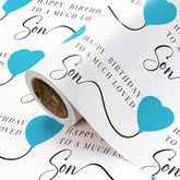 Birthday Wrapping Paper Roll For Son - Mini Roll - 17 Inch X 16.5 Feet - Happy Birthday To Son Lettering With Blue Love Balloon Design
