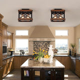 2 Light Rustic Farmhouse Wood Ceiling Light Oak Wood & Black Metal Flush Mount Fixture
