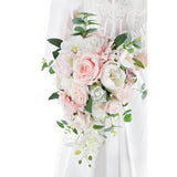 10 Inch Blush Wedding Bouquets For Bride Artificial Roses Flower Cascading Cascade Bridal Bouquet For Rustic Boho Fall Vintage Wedding Ceremony Party And Anniversary