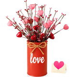 Valentine & Galentine'S Day Table Centerpiece Decor, Artificial Heart Flower Stems With Metal Pots, Valentines Galentines Day Home Office Decorations Gift With Card (Red)
