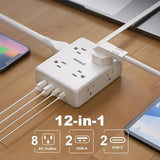 8 Outlet Surge Protector Power Strip with 4 USB Ports and 6 ft Flat Extension Cord