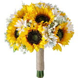 Artificial Sunflower Bouquet For Wedding Bridal Holding Flowers Fake Silk Sunflower With White Small Daisy Flower For Bride Bridesmaid Wedding Party Ceremony Table Centerpieces Decorations Yellow