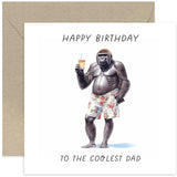 Old English Co. Funny Birthday Card For Dad - Gorilla 'Coolest Dad' Birthday Greeting Card For Him Men - Humorous Animal Birthday Card For Dad From Son Or Daughter | Blank Inside With Envelope