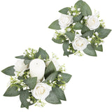 2 Pcs White Artificial Flowers Candle Rings Wreaths For Pillars, Velvet Rose Candle Wreath Rings For Wedding Table Centerpieces, Valentine'S Day, Farmhouse Home (White)