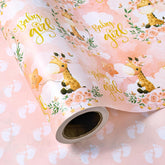 30 Inch Reversible Baby Girl Wrapping Paper Roll - 30 Inch X 33 Feet - Cute Giraffe And Baby Footprints Design For Kids Girls Baby Shower, Birthday