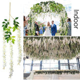 12Pcs Artificial Wisteria Flowers 3.6 Feet/Piece White Dense Artificial Fake Wisteria Vine Ratta Hanging Garland Silk Flowers String Home Party Wedding Decor(White-Dense)